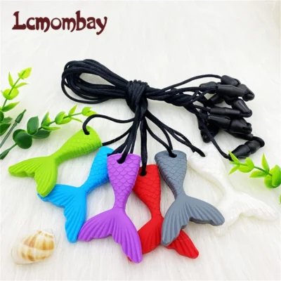 3PCS Mermaid Tail Chew Necklace Baby Silicone Teether Chewelry Pendant Sensory Toy for Kids Boys Girls Special Needs